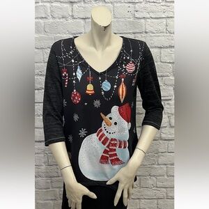 ONQUE CASUAL MULTI COLOR SNOWMAN & ORNAMENT PRINT 3/4 SLEEVE TOP SIZE PM